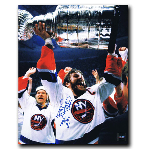 Dennis Potvin New York Islanders Autographed Hoisting the Cup 8x10 Photo with HOF Inscription