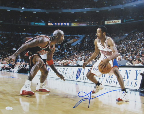 Allen Iverson Philadelphia 76ers NBA Autographed 16x20 Photo versus Michael Jordan