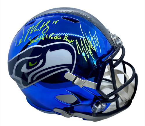 Marshawn Lynch and DK Metcalf Seattle Seahawks Autographed Chrome Full-Size Replica Speed Helmet with Inscription