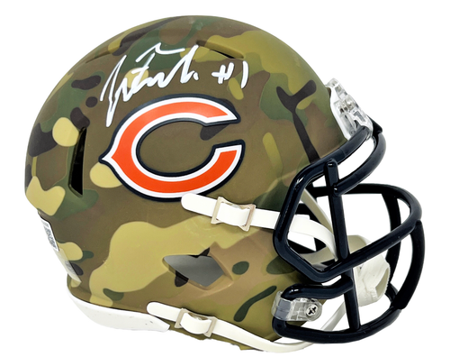 Justin Fields Chicago Bears Autographed Camo Mini Helmet Justin Fields Chicago Bears Autographed Camo Mini Helmet