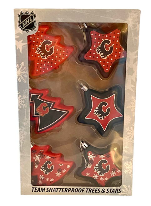 Calgary Flames Tress and Stars Christmas Ornaments