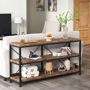 Industrial 55-inch Wood Shelf Console Sofa Table with Sturdy Black Metal Frame Q280-RSCTND1295847