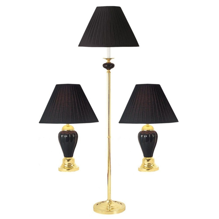 Set Of Three 64" Gold Ceramic Bedside Floor and Table Lamp Set With Black Empire Shade N270-468623