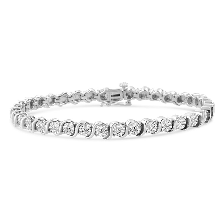 .925 Sterling Silver 1/10 Cttw Diamond Round Miracle Plate and "S" Link Tennis Bracelet (I-J Color, N162-018709B700