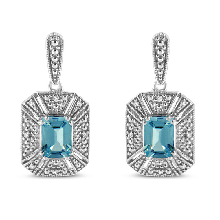 .925 Sterling Silver 7x5MM Emerald Shape Blue Topaz and Diamond Accent Art Deco Halo Style Drop and N162-018948EASH