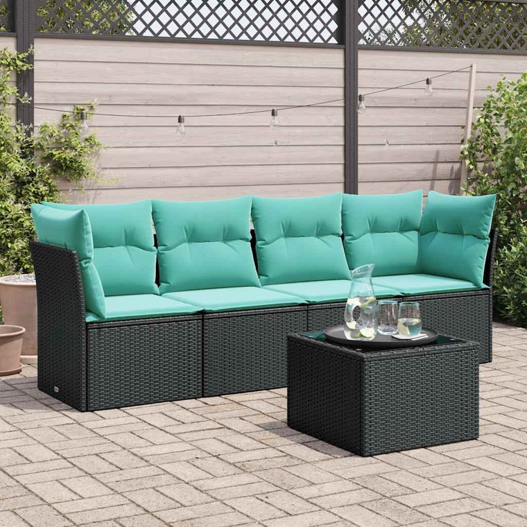 5 Piece Patio Sofa Set with Cushions Black Poly Rattan A949-3217237