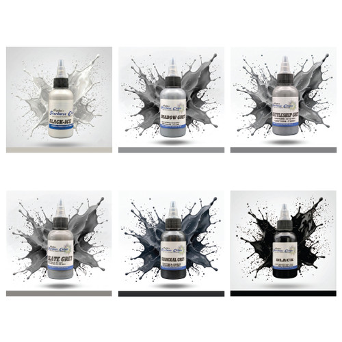 6pc Grey Set Starburst Colors Professional Original Papillon Tattoo Inks Vibrant Black Ice | Shadow Grey | Battleship Grey | Slate Grey | Charcoal Grey | Black All Shades Made in USA 35+years 100% Organic All Natural Sterilized Tattoo Inks for professional use ONLY! ALWAYS SHAKE WELL
