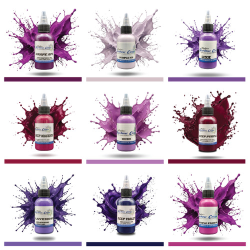 9pc Purple Set Starburst Colors Professional Original Papillon Tattoo Inks Vibrant Grape Ape | Purple Ice| Lexie | Deep Magenta | Orchid | Deep Purple | Lavender | Deep Violet | Purple Passion All Shades Made in USA 35+years 100% Organic All Natural Sterilized Tattoo Inks for professional use ONLY! ALWAYS SHAKE WELL