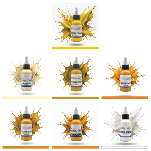 7pc Color Set Starburst Colors Professional Original Papillon Tattoo Inks Vibrant Canary Yellow Yellow Ice Zombie Puke Tiger Yellow Yellow Ochre Golden Yellow Bright Brite White All Shades Made in USA 35+years 100% Organic All Natural Sterilized Tattoo Inks for professional use ONLY! ALWAYS SHAKE WELL