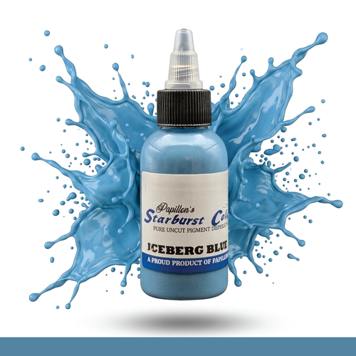 Iceberg Blue Starburst Colors Professional Original Papillon Tattoo Inks Vibrant Iceberg Blue Neutral Shade Made in USA 35+years 100% Organic All Natural Sterilized Tattoo Inks for professional use ONLY! ALWAYS SHAKE WELL