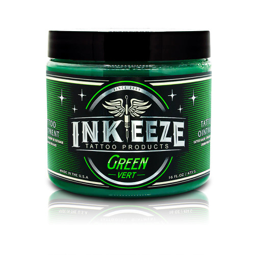 Inkeeze Green Tattoo Ointment is specifically designed with vitamins A,C and E along with botanical extracts for use during the application of your new tattoo and as an aftercare product.

DIRECTIONS: FOR THE ARTIST - Apply as needed during the tattoo application. FOR AFTERCARE - Use sparingly as needed post-tattoo.

WARNINGS: Keep out of reach of children. Avoid contact with eyes. In case of accidental contact with eyes rinse with cold water.

INACTIVE INGREDIENTS: Petrolatum, Propanediol, Lavandula Angustifolia Oil, Retinyl Palmitate, Tocopheryl Acetate, Glycyrrhiza Glabra Extract, Camellia Sinensis Leaf Extract, Ascorbic Acid, Polysorbate-20, Punica Granatum Fruit Extract, Green MX-144A & D&C Green #6, BHT.