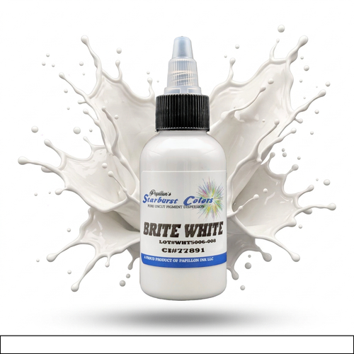 Brite (Bright) White Starburst Colors Professional Original Papillon Tattoo Inks Bright (Brite) White Absolute Light Shade Made in USA 35+years 100% Organic All Natural Sterilized Tattoo Inks for professional use ONLY! ALWAYS SHAKE WELL