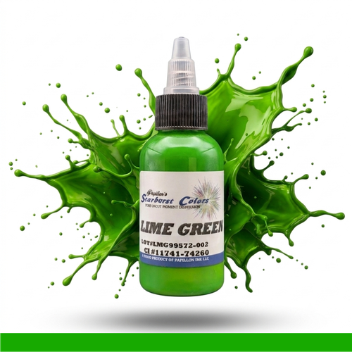 Lime Green Starburst Colors Professional Original Papillon Tattoo Inks Lime Green Bright shade Made in USA 35+years 100% Organic All Natural Sterilized Tattoo Inks for professional use ONLY