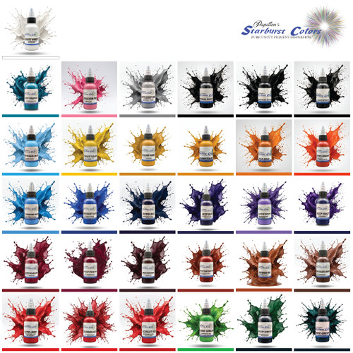 31pc Traditional Set Starburst Colors Professional Original Papillon Tattoo Inks Vibrant DEEP GREEN DEEP MAROON DEEP PURPLE DEEP TURQUOISE DEEP VIOLET DEEP BLUE DEEP BURGUNDY COUNTRY BLUE POWDER BLUE BUCKSKIN TAN BATTLESHIP GREY VENETIAN BROWN CRIMSON RED YELLOW OCHRE SCARLET RED BUBBLEGUM PINK BRITE ORANGE ROYAL BLUE CANARY YELLOW BEER GOLD CHOCOLATE BROWN TRUE GREEN LAVENDER GOLDEN YELLOW LITE RED LIME GREEN MIDNIGHT BLUE ALLEYCAT BLACK BLACK OUTLINER TRIBAL BLACK BRITE WHITE  All Shades Made in USA 35+years 100% Organic All Natural Sterilized Tattoo Inks for professional use ONLY! ALWAYS SHAKE WELL