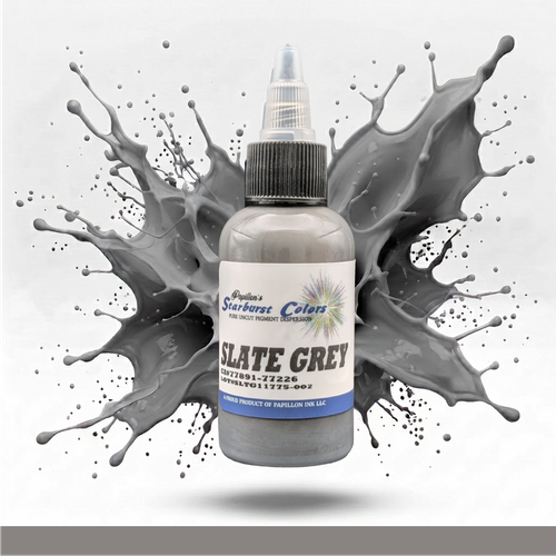 Slate Grey Starburst Colors Professional Original Papillon Tattoo Inks Slate Grey Natural Light shade Made in USA 35+years 100% Organic All Natural Sterilized Tattoo Inks for professional use ONLY! ALWAYS SHAKE WELL
