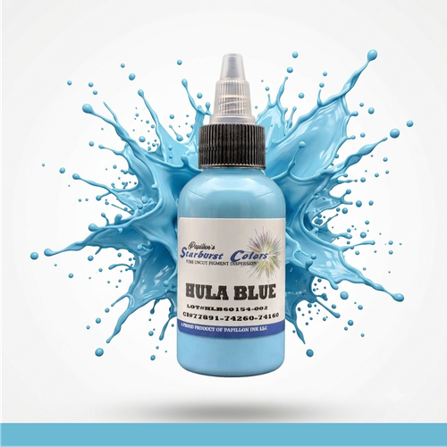 Hula Blue Starburst Colors Professional Original Papillon Tattoo Inks Hula BLue Natural Light shade Made in USA 35+years 100% Organic All Natural Sterilized Tattoo Inks for professional use ONLY! ALWAYS SHAKE WELL