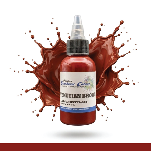 Venetian Brown Starburst Colors Professional Original Papillon Tattoo Inks Venetian Brown dark Shade Made in USA 35+years 100% Organic All Natural Sterilized Tattoo Inks for professional use ONLY! ALWAYS SHAKE WELL