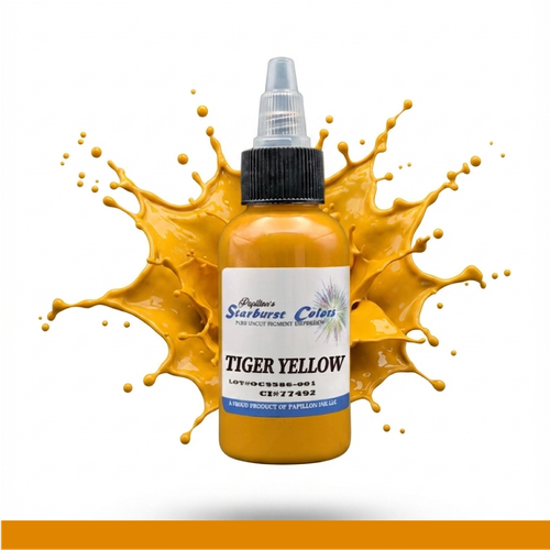 Tiger Yellow Starburst Colors Professional Original Papillon Tattoo Inks Orange Yellow mixed shade Made in USA 35+years 100% Organic All Natural Sterilized Tattoo Inks for professional use ONLY