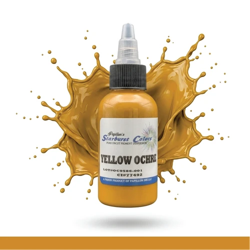 Yellow Ochre Starburst Colors Professional Original Papillon Tattoo Inks Yellow Ochre Brown Tan Yellow Neutral Shade Made in USA 35+years 100% Organic All Natural Sterilized Tattoo Inks for professional use ONLY! ALWAYS SHAKE WELL