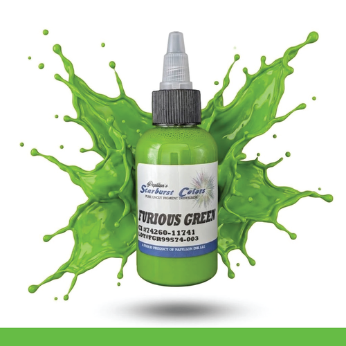 Furious Green Starburst Colors Professional Original Papillon Tattoo Inks Furious Green Green Light Shade Made in USA 35+years 100% Organic All Natural Sterilized Tattoo Inks for professional use ONLY! ALWAYS SHAKE WELL