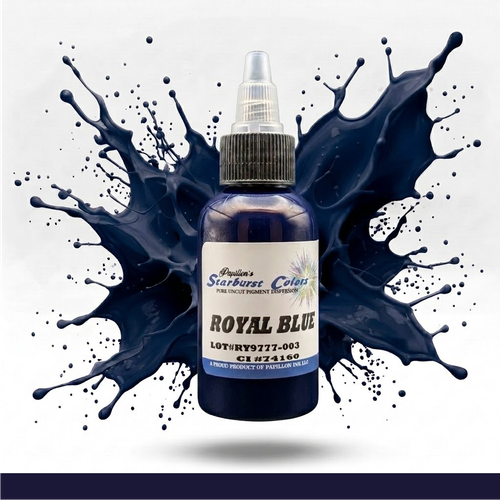 Royal Blue Starburst Colors Professional Original Papillon Tattoo Inks Royal Blue Deep Shade Made in USA 35+years 100% Organic All Natural Sterilized Tattoo Inks for professional use ONLY! ALWAYS SHAKE WELL