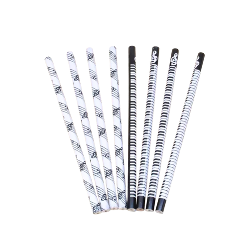 Music Land musical pencil in black and white, featuring piano keyboard and grand stave designs on a hexagonal wooden pencil.