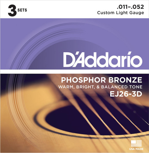 EJ26-3D Phosphor Bronze Acoustic Guitar Strings Custom Light - 11-52 - 3 Sets