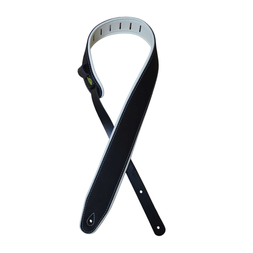 Colonial Leather 2.5-inch padded guitar strap in black and white, made from top-grain leather with a foam-backed upholstery leather pad and adjustable leather ends.