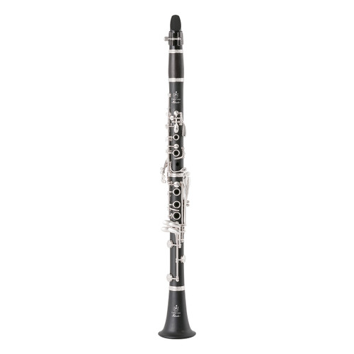Black Bb clarinet with silver-plated keywork, grenadilla wood barrel, ergonomic key layout, and backpack-style hard case with shoulder straps.