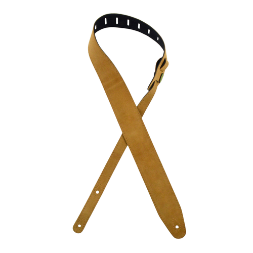 Colonial Leather double suede guitar strap tan rolled on white background