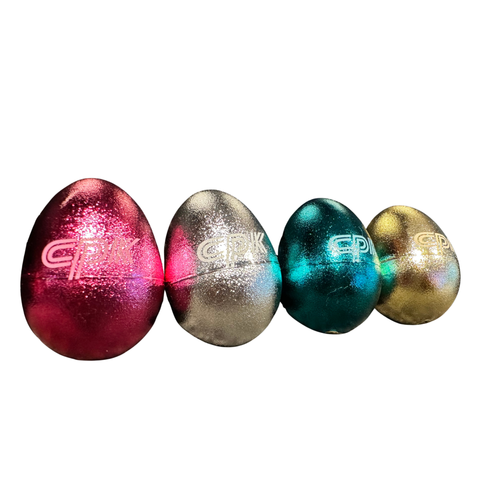 Metallic Egg Shakers Maracas in pink, blue, silver, and gold, compact percussion instruments ideal for classrooms, preschools, and Christmas gifts.