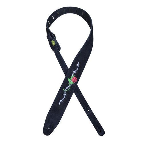 Colonial Leather Embroidered Guitar Strap - Rose and Barbed Wire