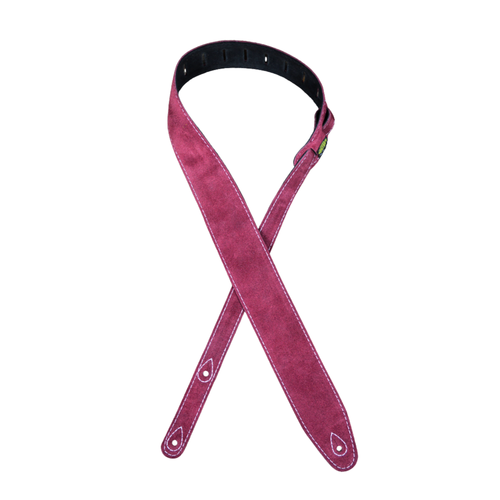 Colonial Leather Double Suede Guitar Strap in burgundy, featuring stitched suede construction, adjustable billet ends, and a soft suede backing.