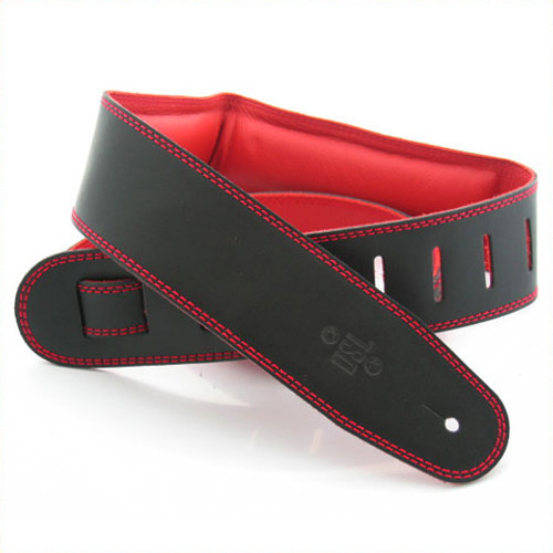 GUITAR STRAP LEATHER BLACK WITH RED STIT DSL STRAPS