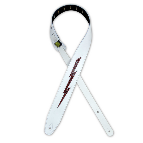 Lightning Bolt Leather Guitar Strap - White & Croc Brown