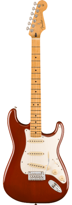 Fender Player II Stratocaster electric guitar Transparent Mocha Burst finish with maple fingerboard, Alnico V pickups, and 2-point tremolo bridge.
