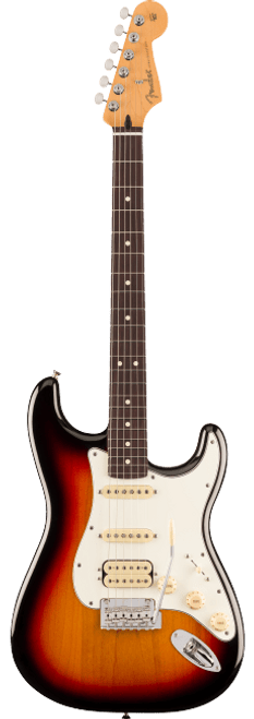 Fender Player II Stratocaster HSS electric guitar in 3-Color Sunburst with rosewood fingerboard, Alnico II humbucker, and two single coil pickups.