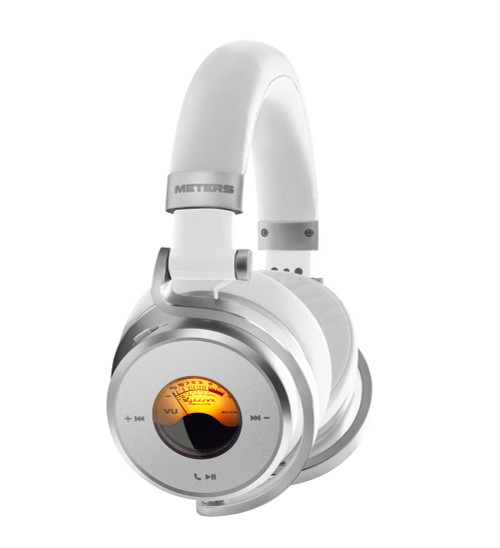 Meters Over-Ear Bluetooth Headphones in White, featuring over-ear cushions, circular earcups with illuminated VU meters, adjustable headband, wireless controls and included accessories such as carry case and cables.