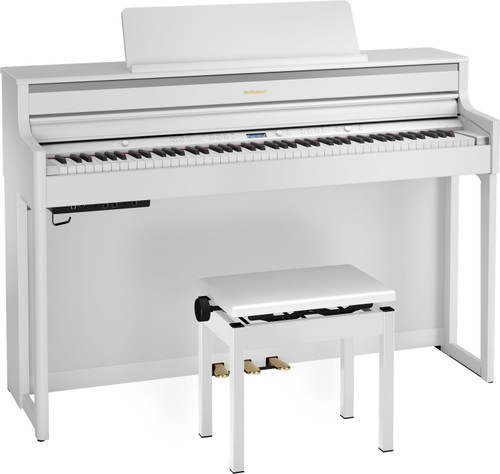 Roland HP704 SuperNATURAL Digital Piano in White with matching bench, PHA-50 keyboard, four-speaker projection system, and elegant slim cabinet design.