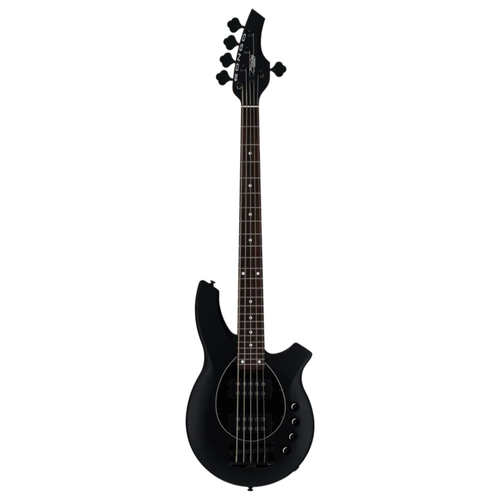 Sterling by Music Man Bongo 5 Bass in Stealth Black with roasted maple neck, rosewood fingerboard, dual humbuckers, and ergonomic contoured body.