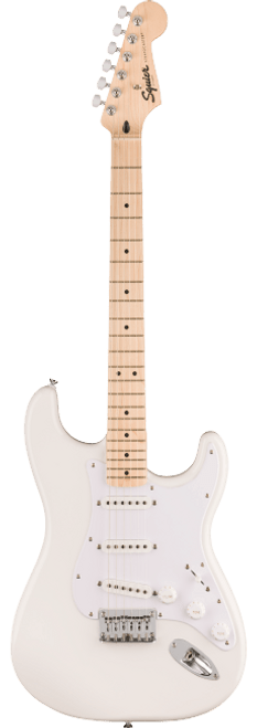 Squier Sonic Stratocaster HT electric guitar in Arctic White with single-coil pickups, hardtail bridge, chrome hardware, and slim “C”-shaped neck.