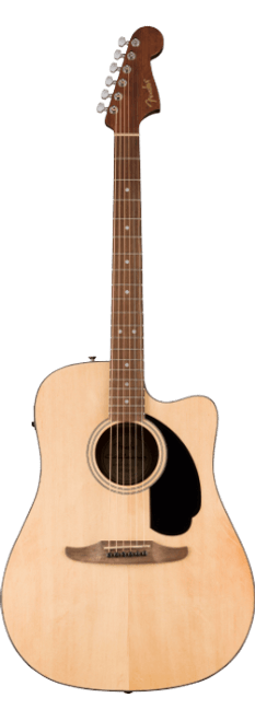 Fender California Standard Redondo CE acoustic-electric guitar with cutaway body, natural gloss finish, 6-in-line headstock, and onboard tuner system.