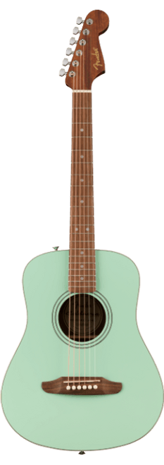 Fender California Standard Redondo Mini Acoustic Guitar in Surf Green gloss finish with padded gig bag, featuring dreadnought shape and 6-in-line headstock.