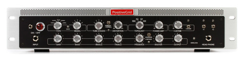 Positive Grid BIAS Rack Power Amplifier in black rackmount format with LED display, front control panel, and multiple rear connectivity options.