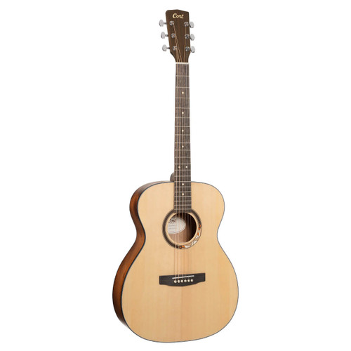Cort Arium-OM OP Acoustic Guitar in Natural finish featuring OM body shape, Sitka spruce top, mahogany back and sides, and exclusive Amber Flow rosette.