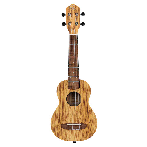 Ortega RFU10Z soprano ukulele in natural zebrawood satin finish, showing striped grain, chrome tuners with black buttons, and included deluxe gig bag.