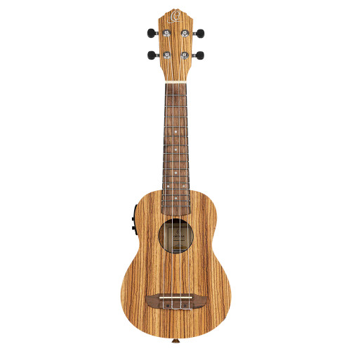 Ortega RFU10ZE soprano ukulele in natural zebrawood satin finish, shown with chrome tuners, walnut fingerboard and included deluxe gig bag.