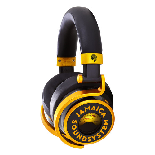 Meters M-0V1-Jam Sound over-ear headphones featuring VU meter displays on each earcup, black and Jam-coloured design accents, aluminium components, plush earpads and included protective carry case.