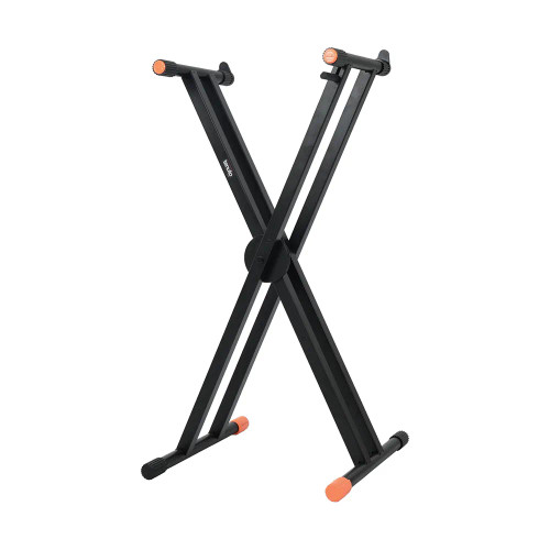 Tenuto Tech double-braced X-style keyboard stand made from steel, featuring adjustable height settings, rubber foot covers, and wide support arms for keyboards.