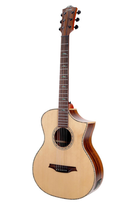 Concert-size acoustic electric guitar with cutaway body, natural wood finish, spruce top, dark ebony back and sides, abalone inlays, and onboard pickup controls.